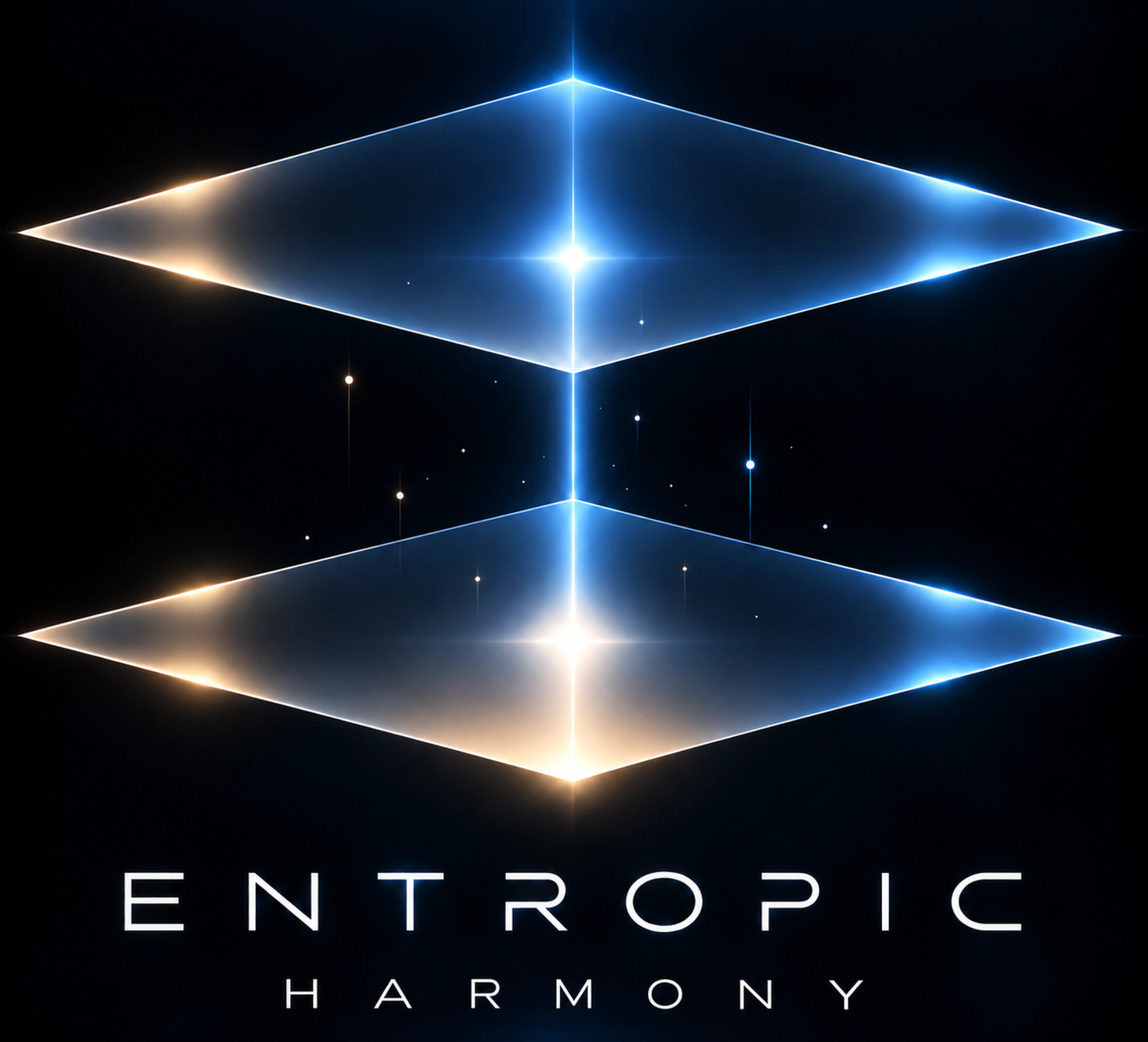 Entropic Harmony — two luminous diamond planes connected by a beam of blue and gold light